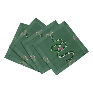 Thistle And Snake Cotton Sateen Cocktail Napkins in Evergreen, Set of 4 For Sale
