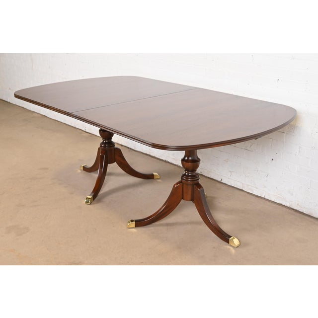 Brown Baker Furniture Style Georgian Mahogany Double Pedestal Extension Dining Table, Newly Refinished For Sale - Image 8 of 12