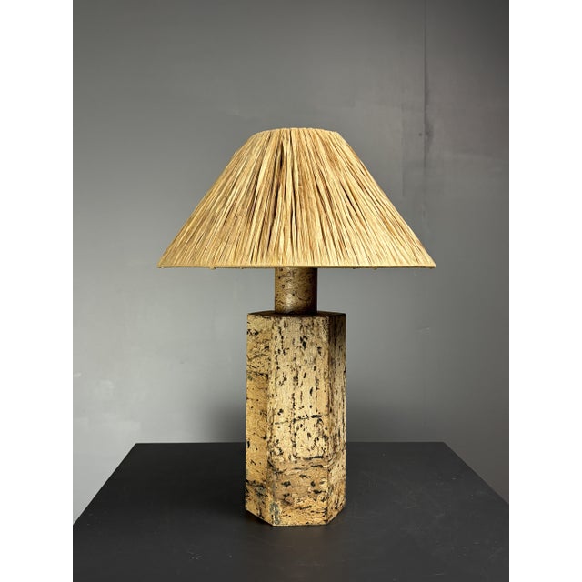 Mid-Century Boho Cork Table Lamp with Raffia Shade in the style of Ingo Maurer, 1970s For Sale - Image 6 of 18