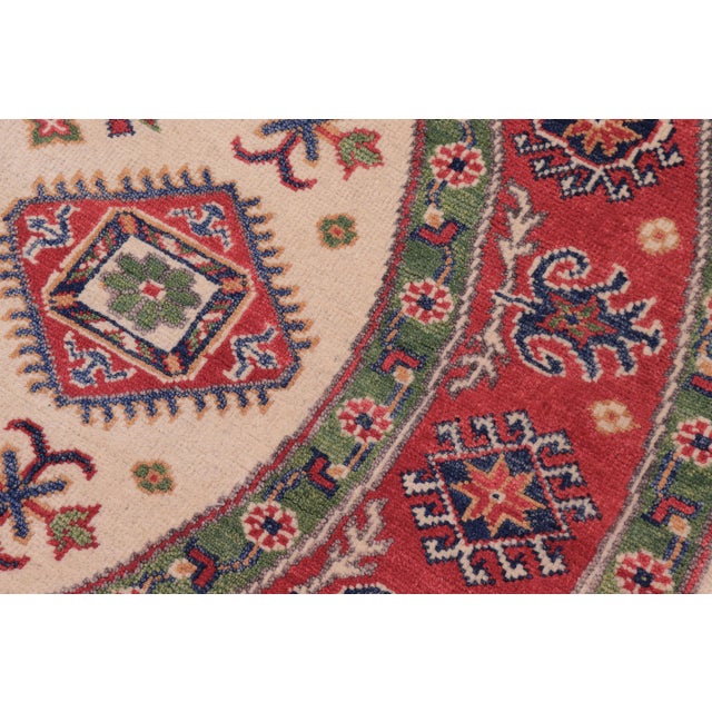 Shabby Chic Tribal Kazak Ivory/Red Wool Round Rug- 4'9''x4'11'' For Sale - Image 4 of 7