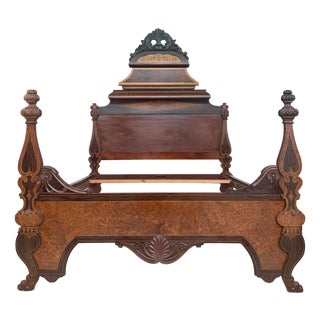 Italian Antique Victorian Carved Walnut Highback Full Bed Lincoln Style For Sale