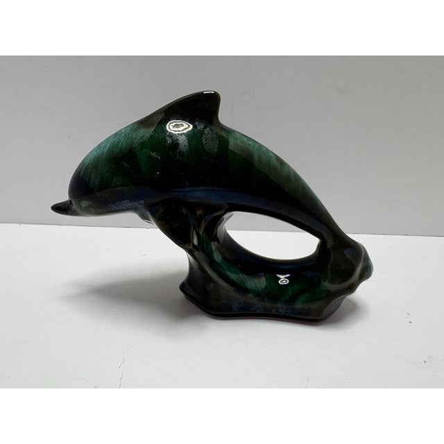 Nautical Vintage Green Glazed Dolphin Figurine | Coastal Nautical Decor | Art Pottery Style Dolphin Sculpture For Sale - Image 3 of 8