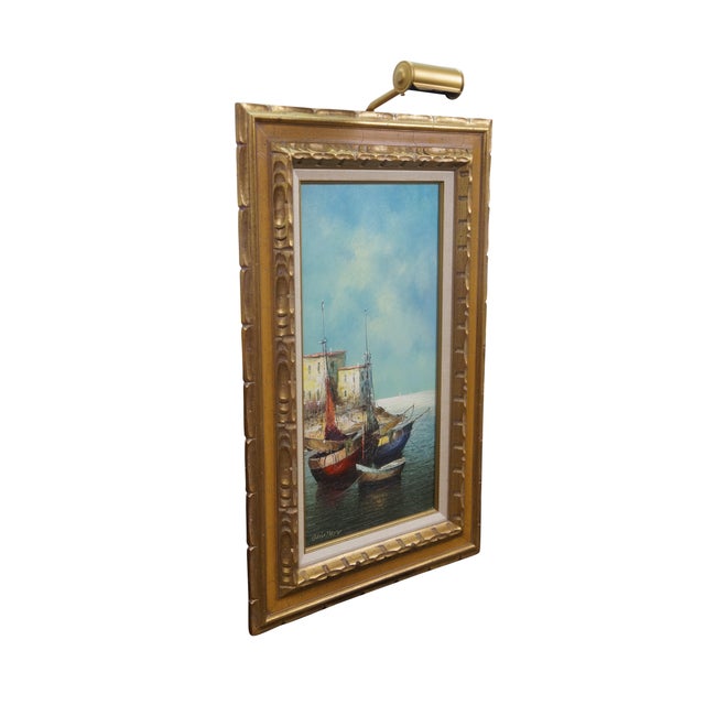 Vintage Eleonore Guinther nautical maritime oil painting on canvas featuring fishing boats / sailboats docked in the...
