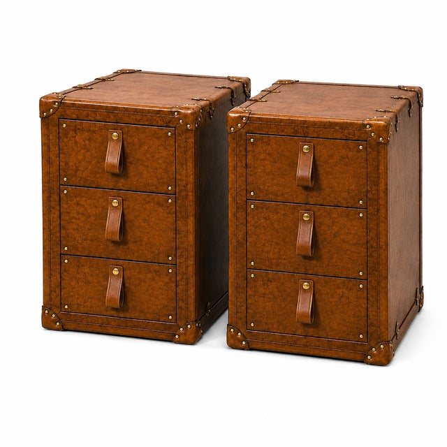 Not Yet Made - Made To Order Luxury Leather Dark Brown Nightstand Pair, Handmade Vintage Style Trunk Bedside Tables, Leather 3 Drawer Cabinet, Brass Studded Bedroom Storage For Sale - Image 5 of 15