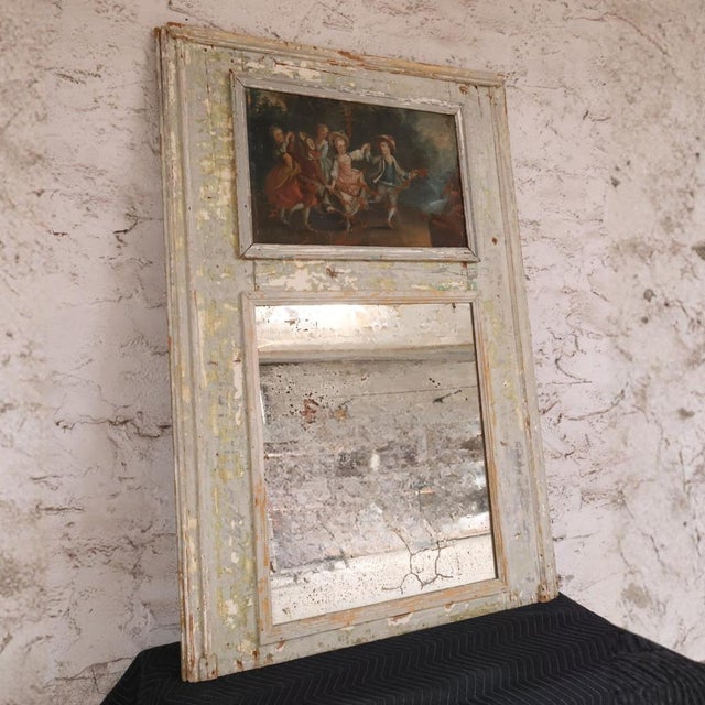 French 18th Century Green Patinated Wood and Canvas Inset Trumeau Mirror For Sale - Image 3 of 4