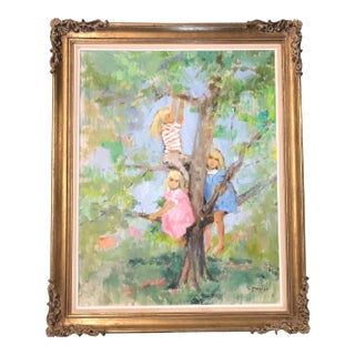 Original Large Vintage G Maurice Impressionist Painting Children in Tree For Sale