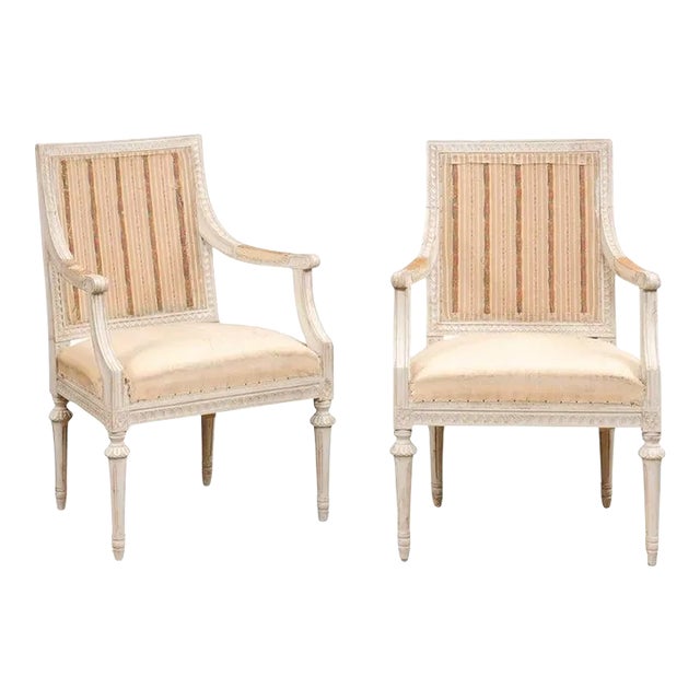 1900s Swedish Gustavian Style Painted Wood Armchairs with Carved Aprons - A Pair For Sale