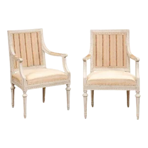 1900s Swedish Gustavian Style Painted Wood Armchairs with Carved Aprons - A Pair