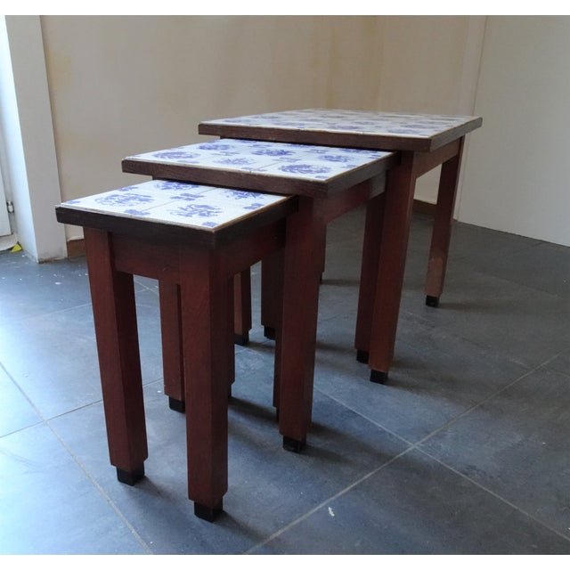 Vintage Wood Cigognes Nesting Tables with Blue Ceramic Tiles, 1950s, Set of 3 For Sale - Image 4 of 14