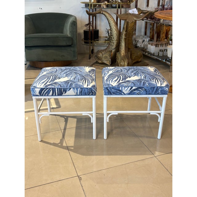 Brown Jordan Vintage Pair Faux Bamboo Metal Benches Ottomans Stools Blue & White Palms For Sale - Image 4 of 12