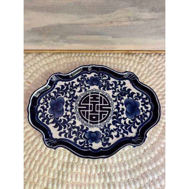 1990s Vintage Bombay Company Blue and White Oriental Oblong Tray For Sale - Image 5 of 6