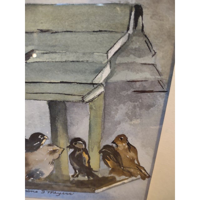 Charming original watercolor circa 1950 depicting birds at a feeder. Signed Catherine Meyers. In a simple Ivory painted...