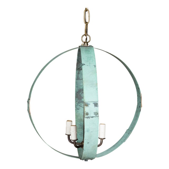 Mid 20th Century Mid Century Modern English Copper Double Sphere Light Fixture with Verdigris Patina For Sale