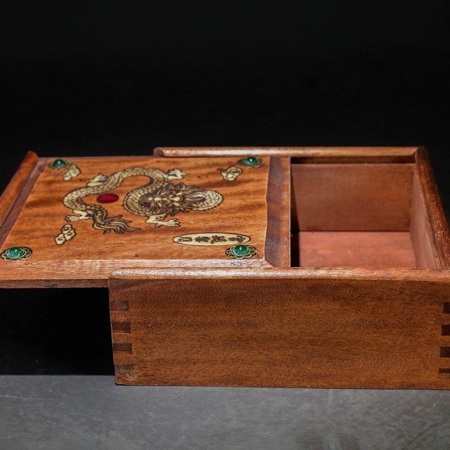 Vintage Chinese Huali Wood Jewelry Box With Gemstone & Mother of Pearl Dragon Inlay For Sale In Los Angeles - Image 6 of 8