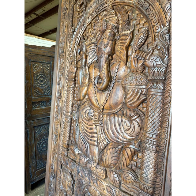 Vintage Ganesha Carved Wooden Door Panel – Indian Spiritual Wall Sculpture Art 94x43 For Sale - Image 4 of 8