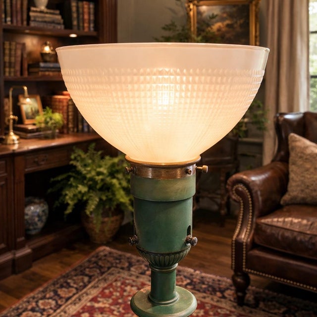 Vintage Rembrandt Lamps Verdigris Green Torchiere Floor Lamp With Original Textured Milk Glass Shade For Sale In Los Angeles - Image 6 of 8