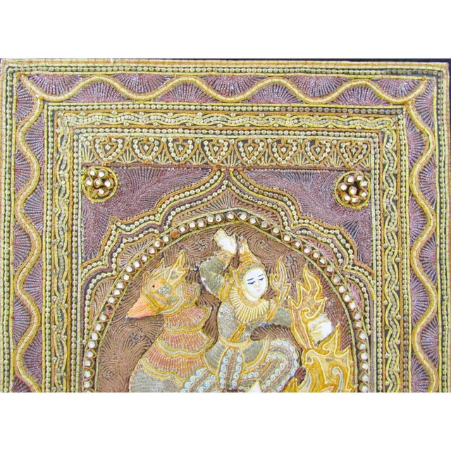 Framed Antique Myanmar Thai Burmese Kalaga Padded Tapestry With Phoenix Bird For Sale - Image 4 of 13