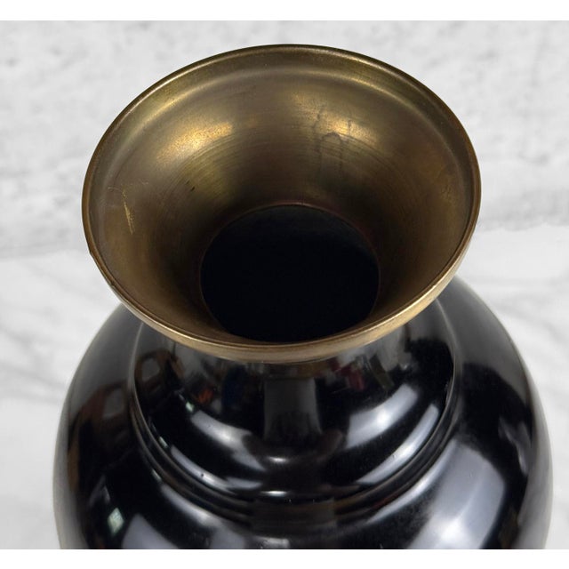 Black Vintage 14" Chinese Brass & Black Enamel Mother of Pearl Inlaid Vase For Sale - Image 8 of 11