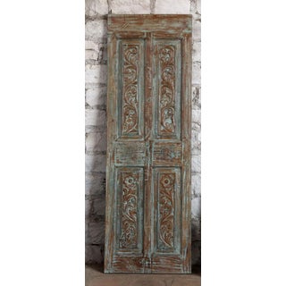 Antique Blue Floral Carved Door – Rustic Hinged or Sliding Barn Door Panel 80x26.5 For Sale