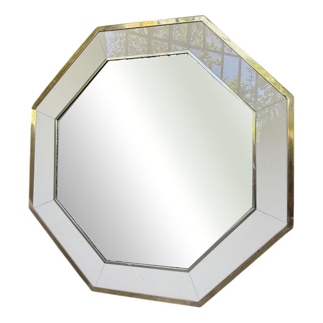 Octagonal Mirror in White Lacquer and Brass by Jean Claude Mahey, 1970s For Sale