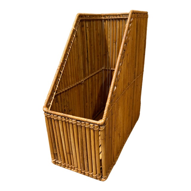 Vintage-Burnt Bamboo Rattan Desk Organizer Magazine File Mid-Century For Sale