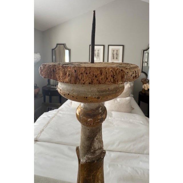 Italian Pair of Antique Italian Painted Wood Candlesticks With Aged Patina For Sale - Image 3 of 15