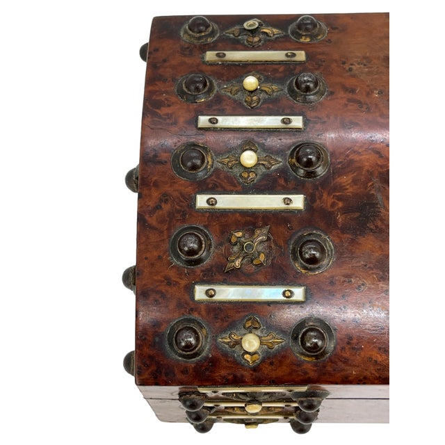 Wood Burl Walnut and Brass Dome-Top Box With Mother-Of-Pearl, English, Ca. 1860 For Sale - Image 7 of 9