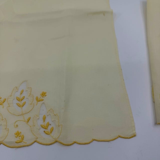 Pair Vintage Embroidered Pale Yellow Madeira Linen & Organza Fingertip Towels For Sale - Image 13 of 15
