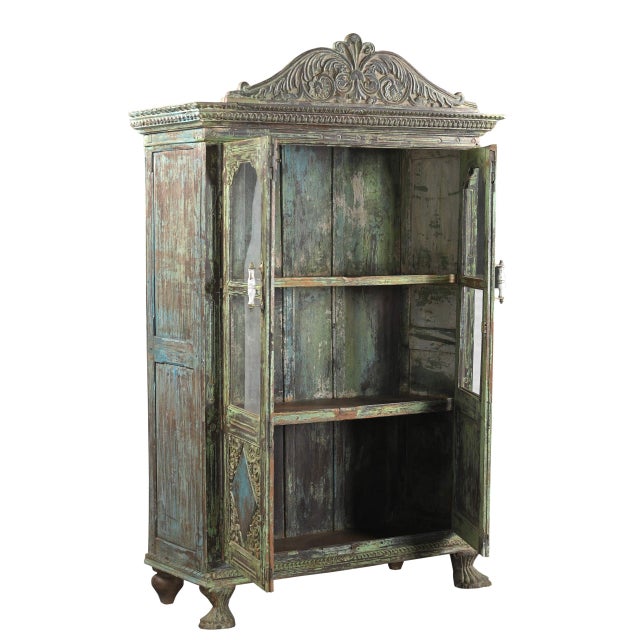 Antique Anglo-Indian Carved and Painted Teakwood Armoire/Bookcase For Sale - Image 4 of 5