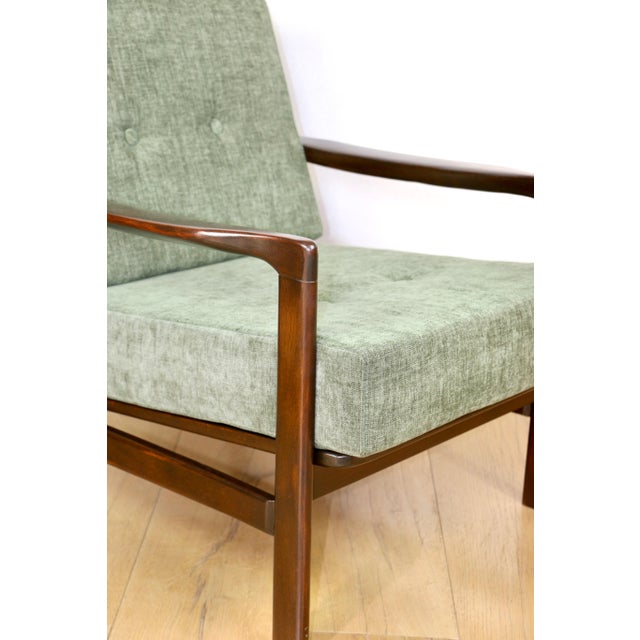 Green Vintage Brown Wooden Armchair in Green-Olive Jeans Design from Z. Bączyk, 1970s For Sale - Image 8 of 9