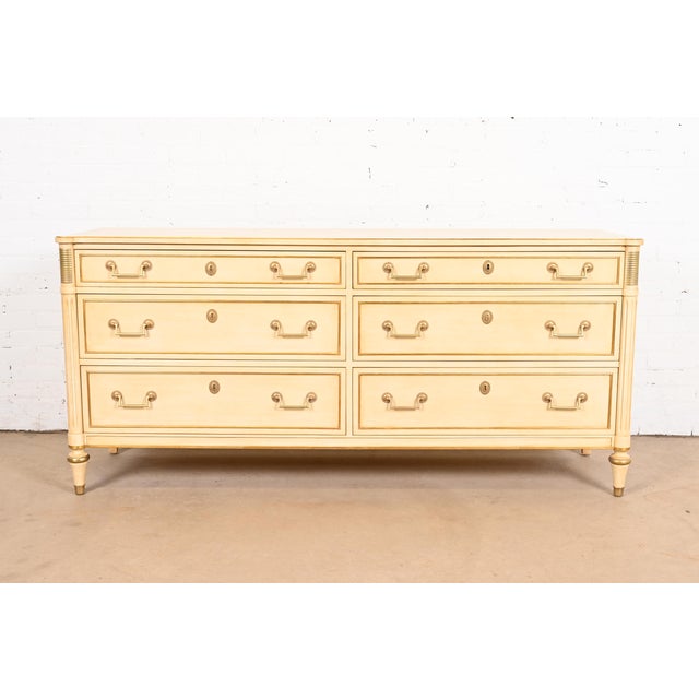 Kindel Furniture French Regency Louis XVI Cream Lacquered Parcel Gilt Dresser For Sale - Image 11 of 11