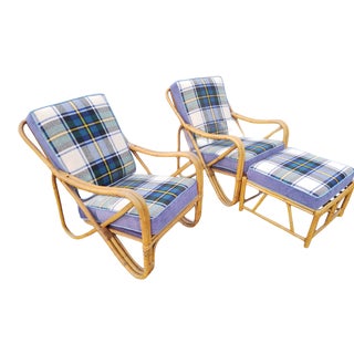 1940s Vintage Rattan Pretzel Style Bamboo Chairs & Ottoman, 3 Pieces For Sale