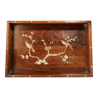 Vintage Huanghuali Wood Tray With Mother-of-Pearl Birds For Sale