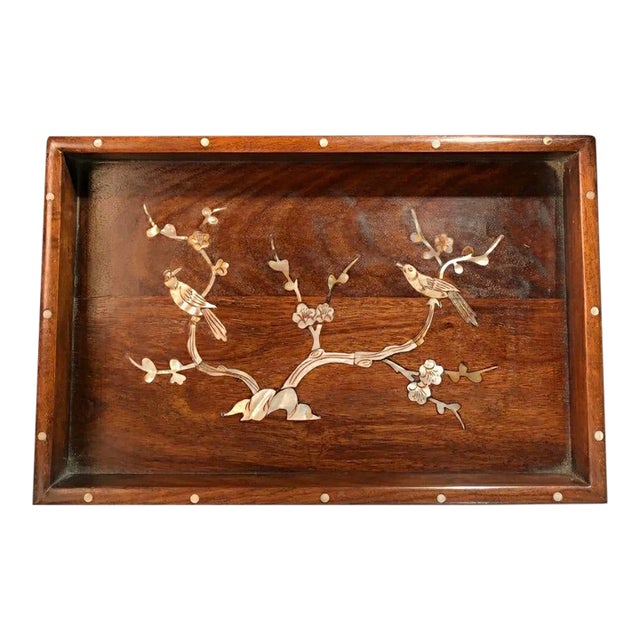 Vintage Huanghuali Wood Tray With Mother-of-Pearl Birds For Sale