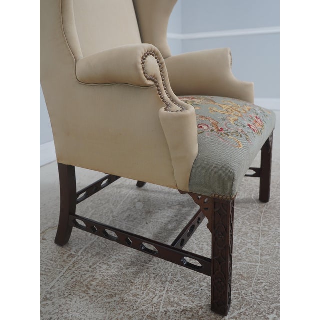 Gold Antique Chippendale Mahogany Wing Chair W. Needlepoint For Sale - Image 8 of 18