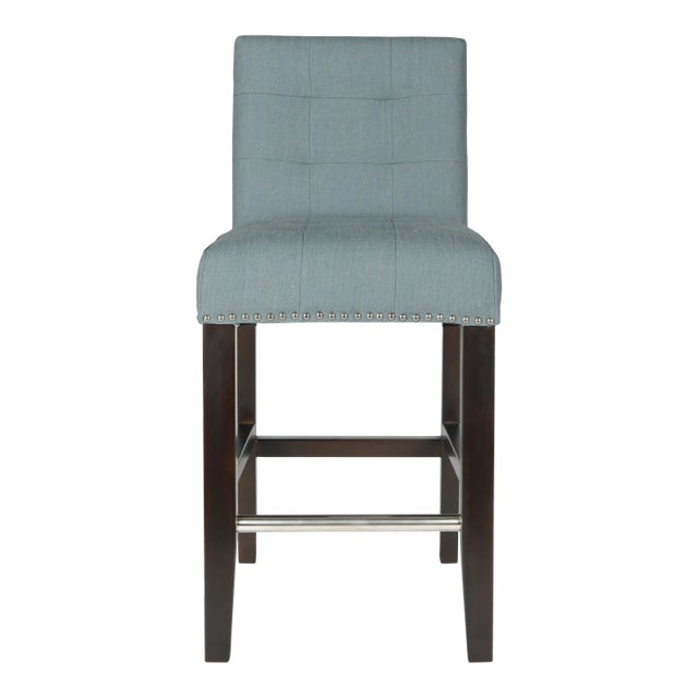 23.9" Linen Counter Stool & Silver Nailheads in Sky Blue & Espresso