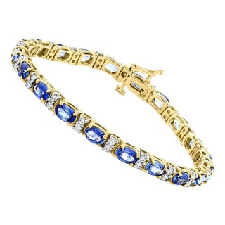 12 Carat Natural Sapphire & Diamond Cocktail Tennis Bracelet 14 Kt Yellow Gold For Sale