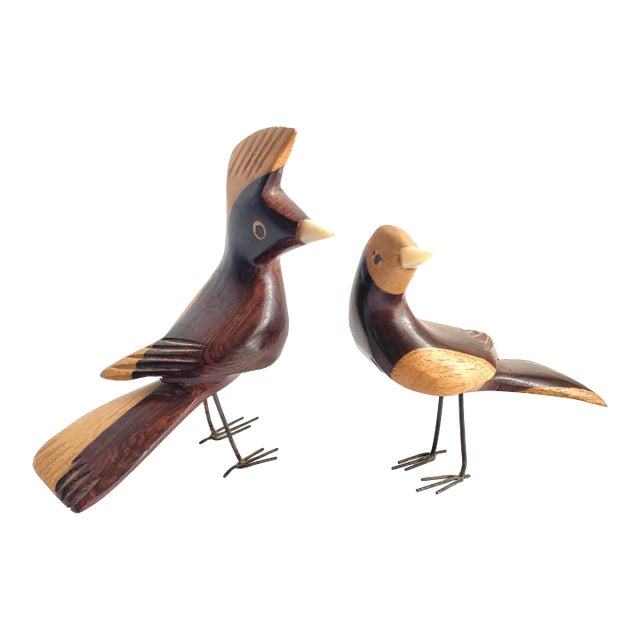 Mid Century Hand Carved Birds in Palo Fierro Wood a Pair For Sale