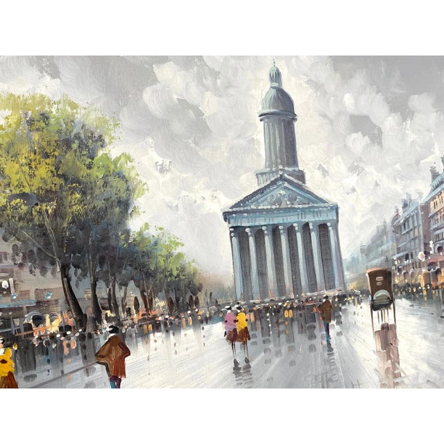 French oil on canvas painting of streets of France and the Pantheon building. Signed.