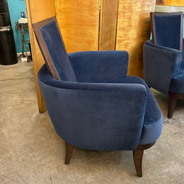 Mid-Century Modern Mid Century Modern Plush Navy Cushion and Wood Arm Chair For Sale - Image 3 of 10