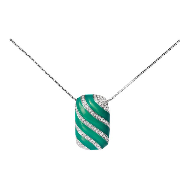 .925 Sterling Silver Turquoise Enamel and 1/2 Cttw Diamond Block 18" Pendant Necklace (F-G Color, VS1-VS2 Clarity) For Sale