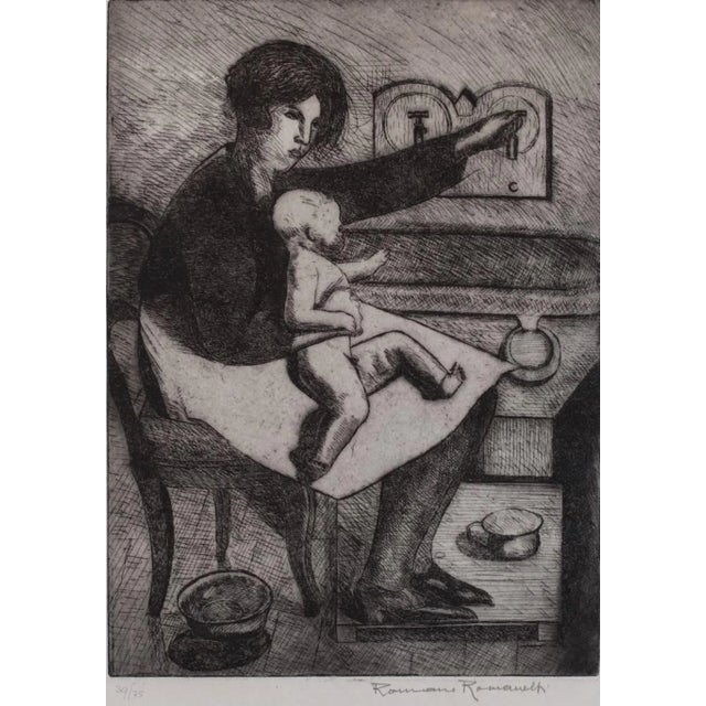 Mother and Child is an original etching on paper realized by Romano Romanelli in the 1930s. In good conditions Hand-signed...