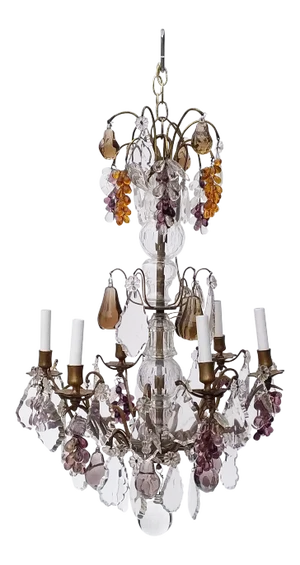 Antique Six Light Chandelier With Glass Fruit and Crystals