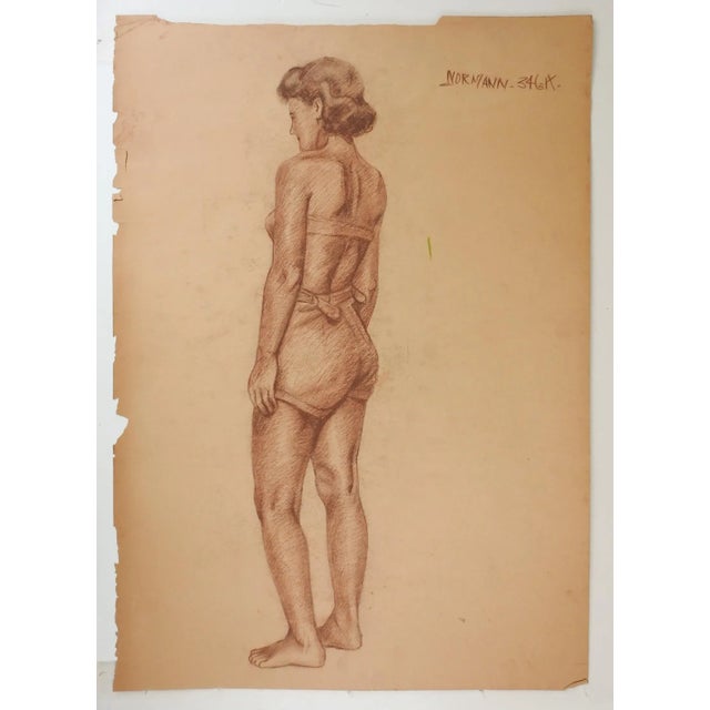 Mid-Century Modern Vintage 1950s Charles Normann Sepia Chalk Female Figure Drawing For Sale - Image 3 of 3