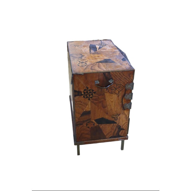 Wonderful Raised Japanese Cabinet Crafted With Geometrically Intricate Inlayed Wood and Hand Wrought Hardware For Sale In Portland, OR - Image 6 of 12