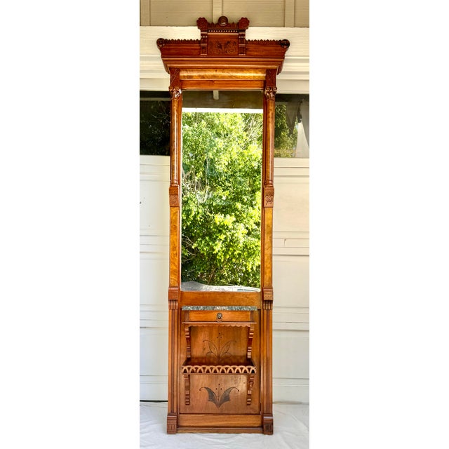 1880s Eastlake Aesthetic Movement Walnut Hall Mirror With Marble Shelf & Drawer For Sale - Image 16 of 16