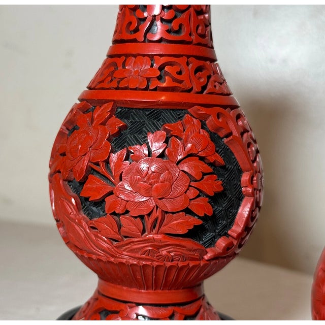 Set of 2, Vintage Handmade Chinese Carved Black Red Lacquer Cinnabar Floral Vase Urn Egg For Sale - Image 12 of 13