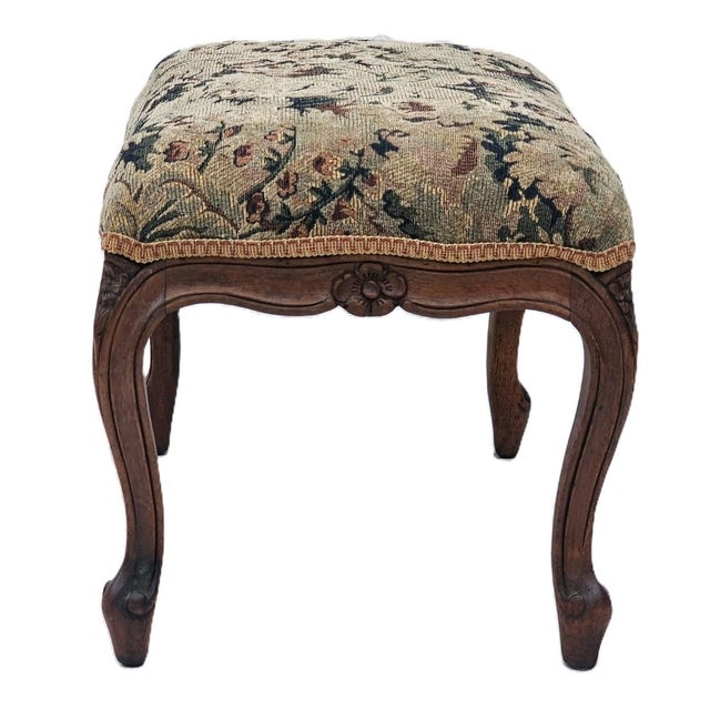 Antique French Walnut Ottoman Footstool W/ Floral Carving & Cabriole Legs 1910s For Sale - Image 4 of 16