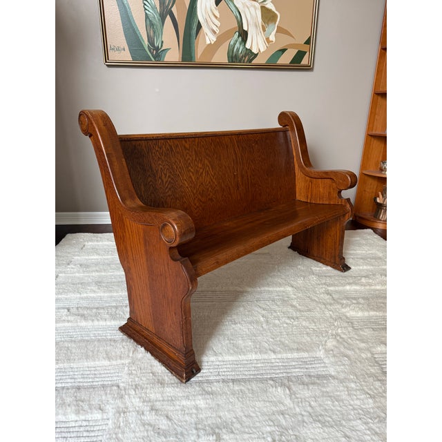 Antique Solid Mission Carved Oak Wood Church Pew Bench For Sale In Houston - Image 6 of 12