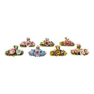 Antique European Dresden Hand-Decorated Floral Porcelain Place Card Holders, Set of 7 – Flower, Romantic / Victorian Revival For Sale